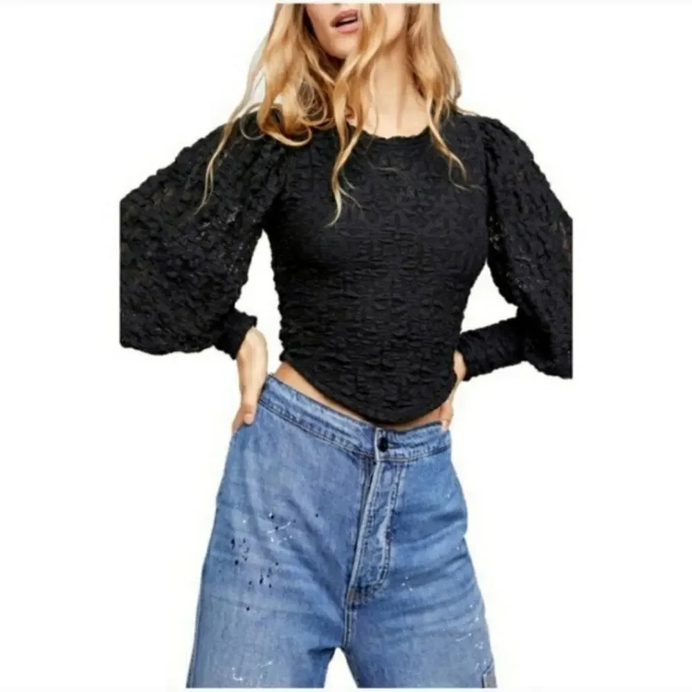 Free People Tea Time Top Black Lace Long Sleeves Size Small NEW